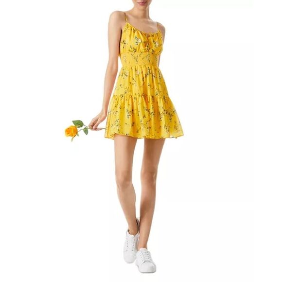 Alice + Olivia Lai Smocked Floral cotton Silk voile mini dress Yellow 8 - Picture 5 of 6